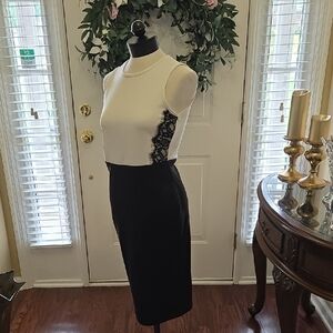 French Atmosphere Elegant Black OffWhite Sleeveless Dress Pullover Stretch S NEW